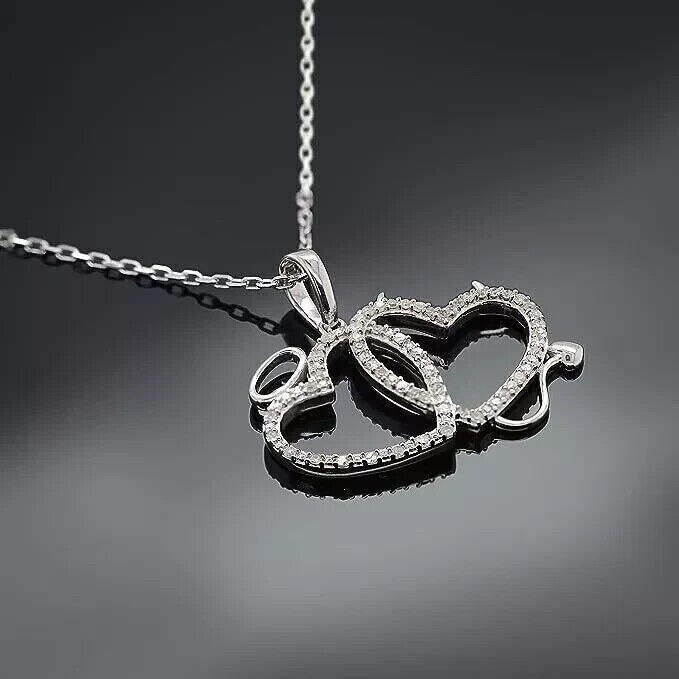 Stunning Double Heart Pendant Round Cut Simulated Diamond 14K White Gold Plated