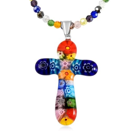 Glass Stainless Steel Heart Pendant Cross Necklace for Women Jewelry Gift 20″