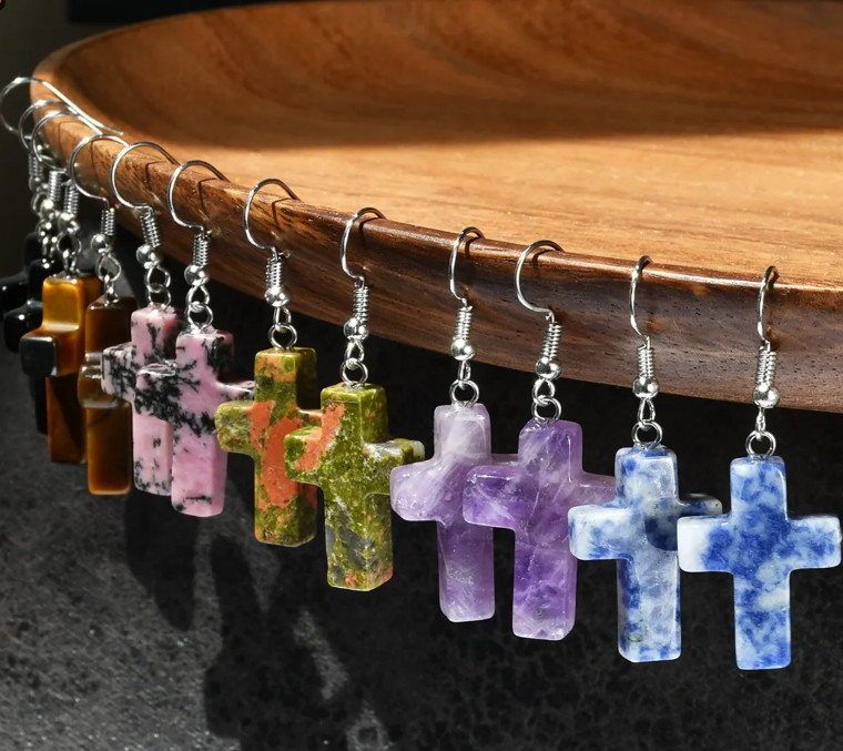 10 Pairs 24x18mm Natural Mixed Gemstone Cross Pendant Beads Earring