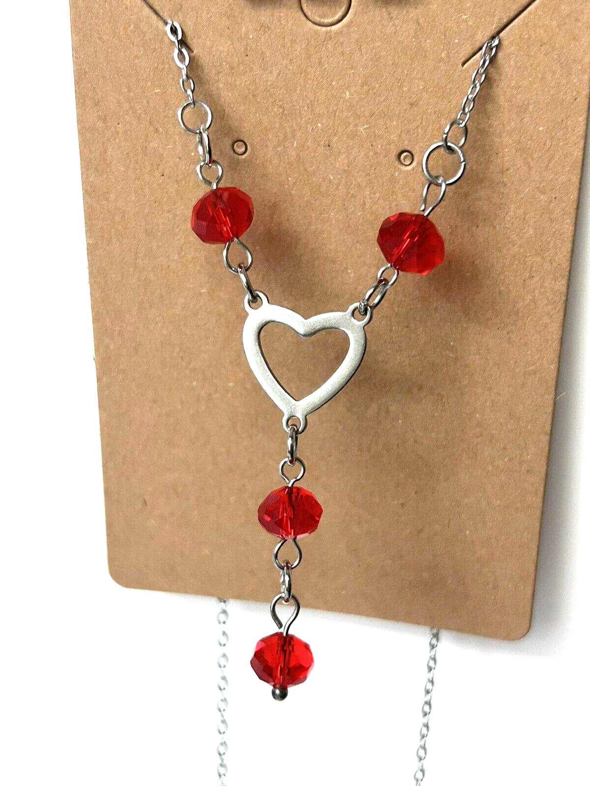 Cherry Red Glass Beaded HEART Y-Drop Necklace Stainless Steel- YOU CHOOSE LENGTH