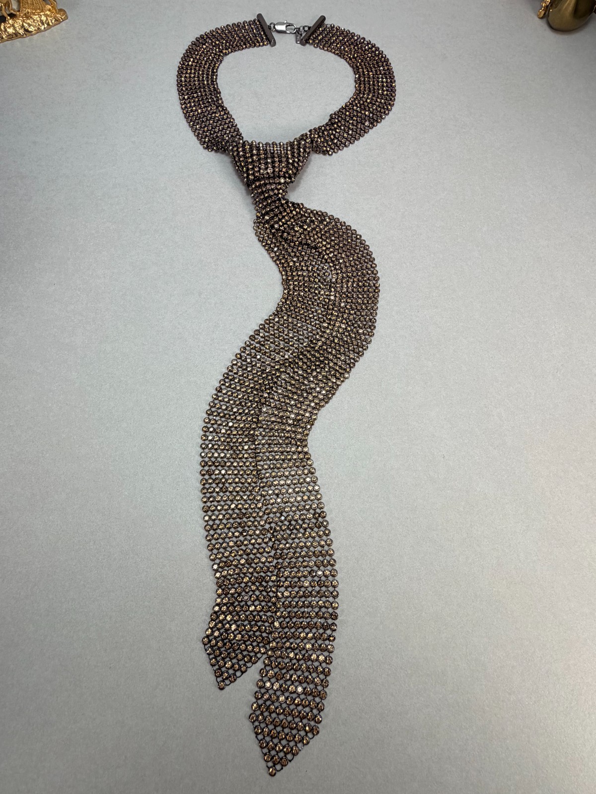ZARA NWOT Bronze Crystal Rhinestone Necktie Statement Necklace Runway Glam