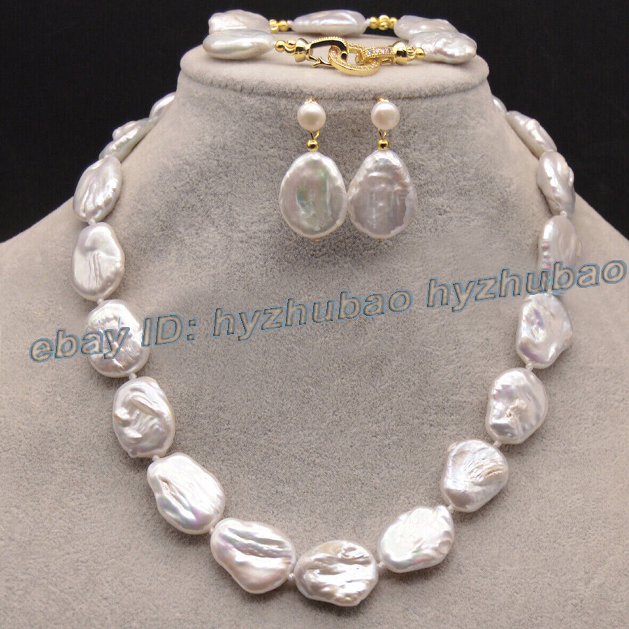 Huge 18-22mm South Sea White Flat Baroque Keshi Pearl Necklace Bracelet Earrings