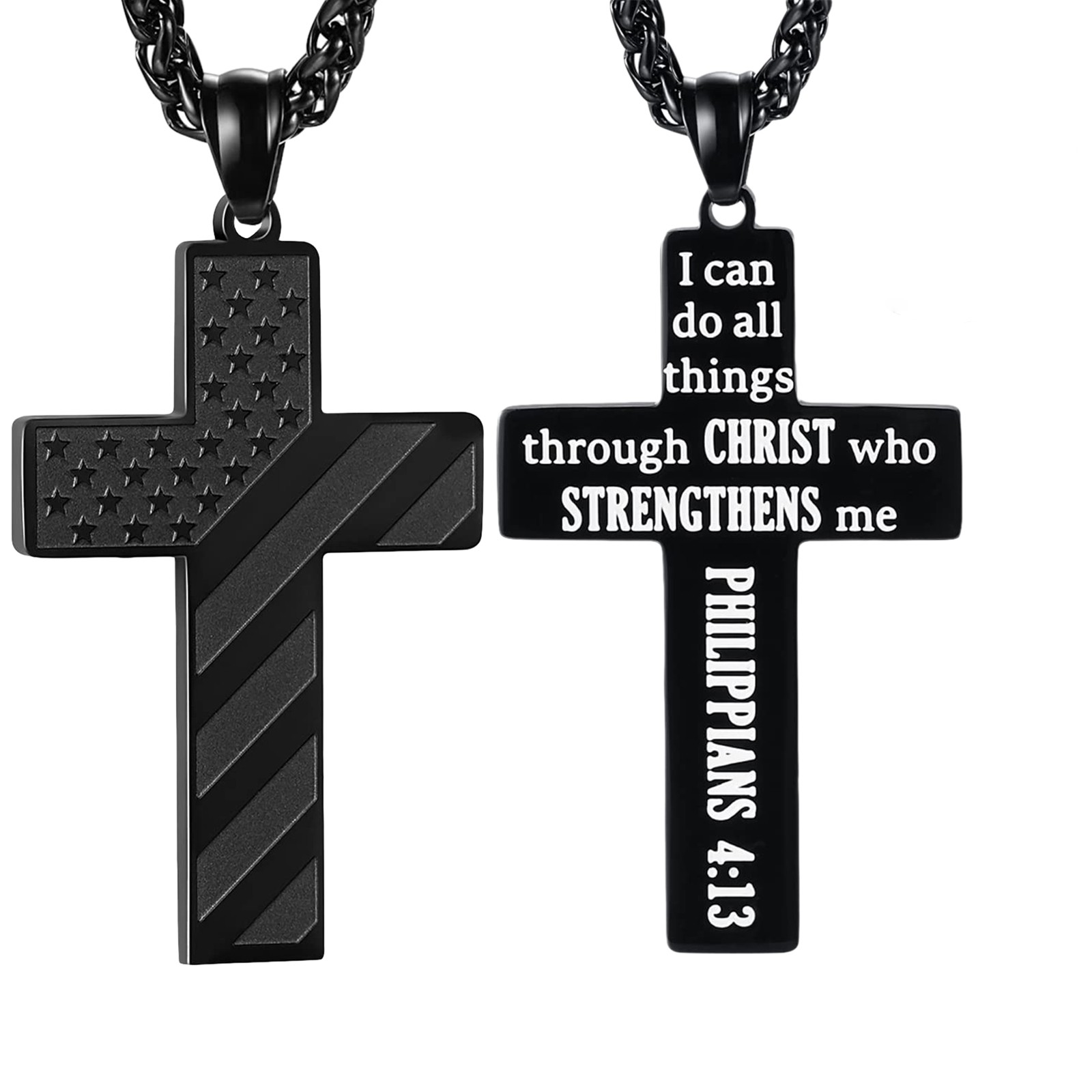 Mens Boys Inspirational Black American Flag Cross Pendant Bible Verse Necklace