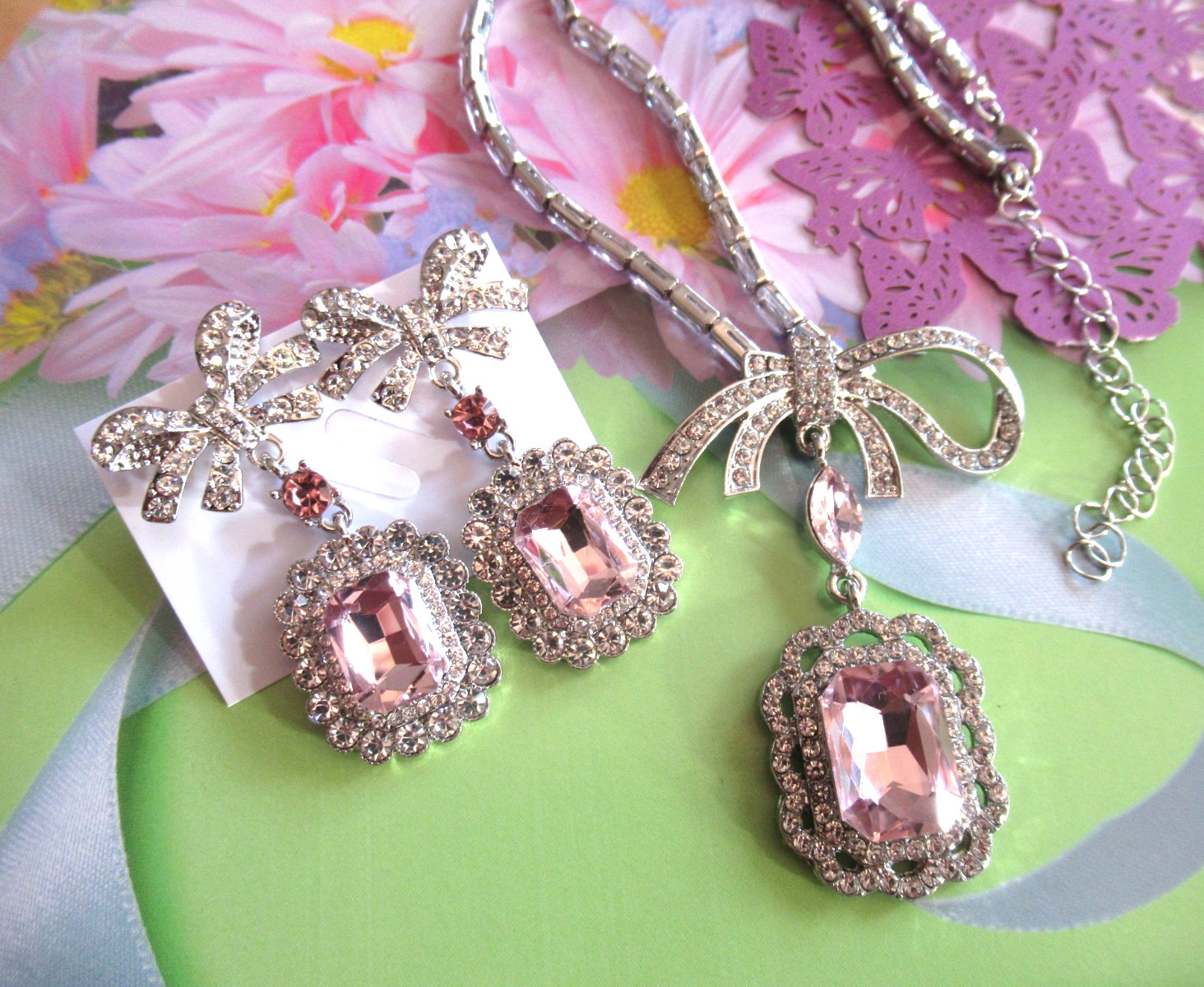 Beautiful JEWEL Pink BOWS Rhinestone Choker Necklace & Earrings SET NEW