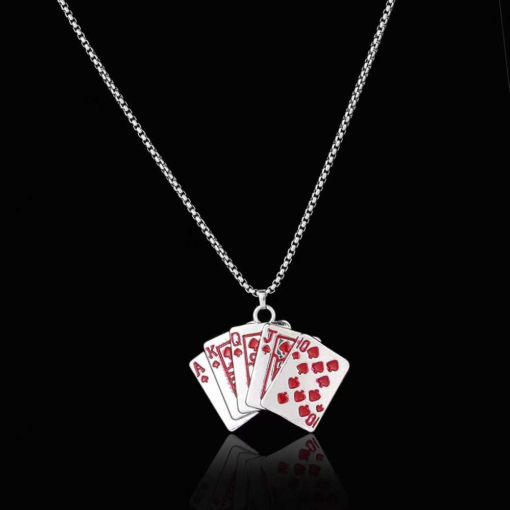Red Royal Flush Poker Playing Card Pendant Necklace Chain Men’s Jewelry Gift
