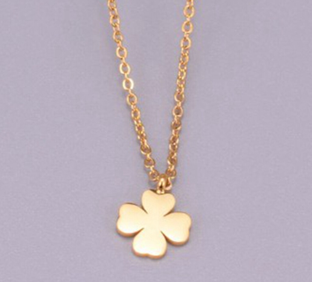 Women Girl Titanium Stainless Steel 15 mm Gold Four Leaf Clover Necklace 16-18″