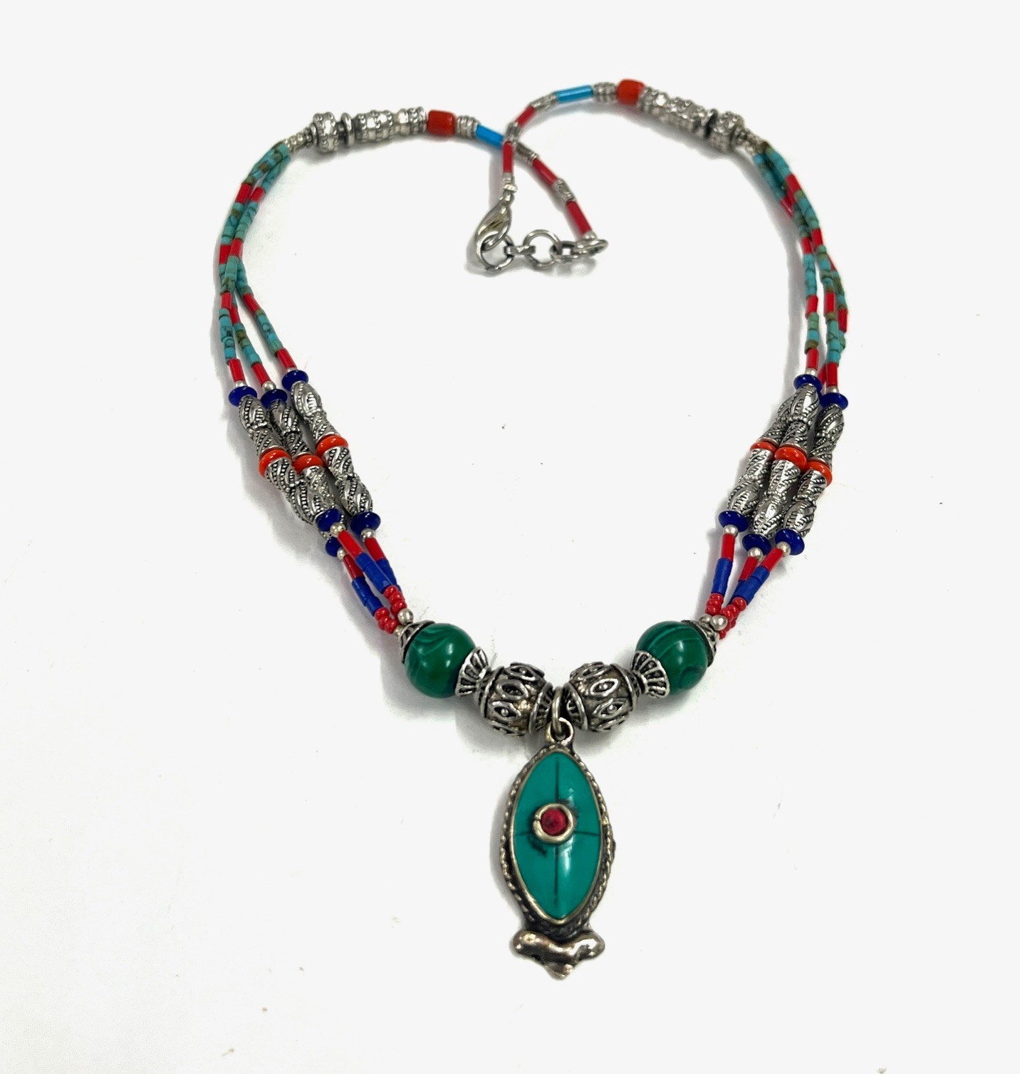 Ethnic Turquoise Coral Gemstone Tibetan Bohemian Necklace Jewelry, 16 Inch Adjs
