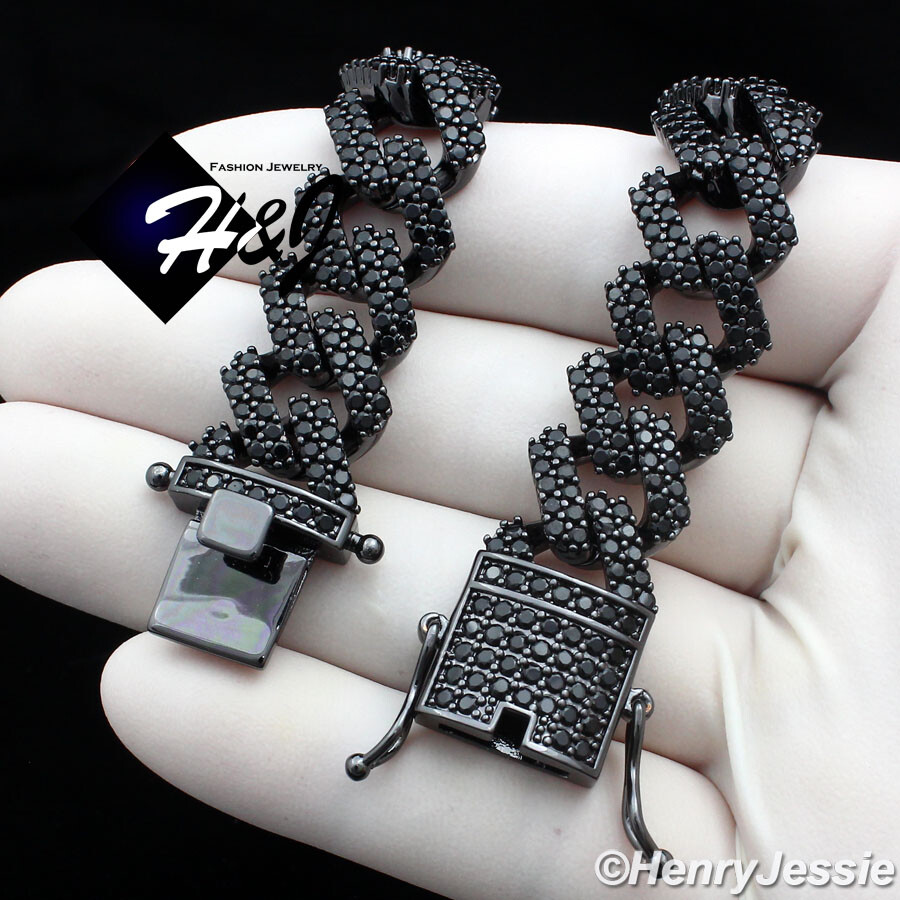 16-30″MEN 14K BLACK GOLD PLATED ICY BLACK CZ 14MM MIAMI CUBAN CURB NECKLACE*BBN6