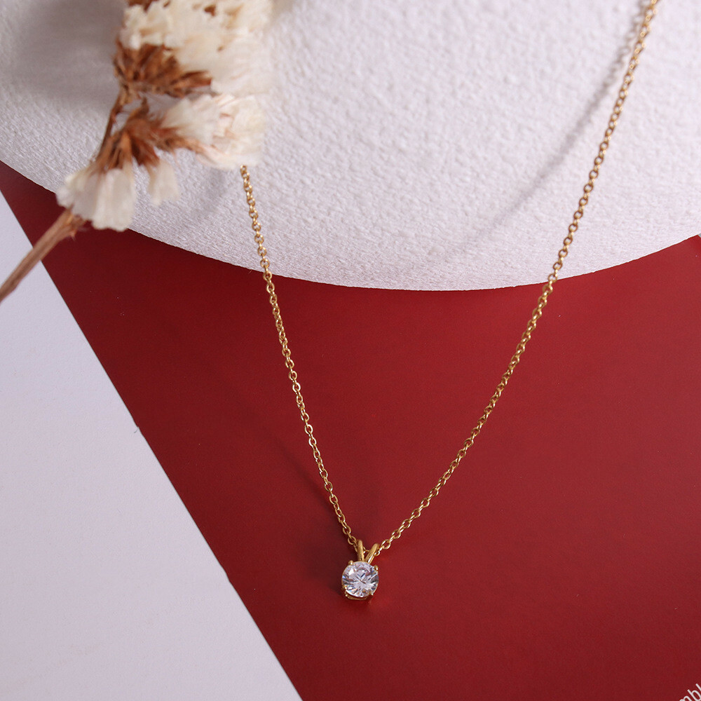 Woman Classic 18K Gold Plated Stainless Steel CZ Pendant Necklace 15.7-17.7”