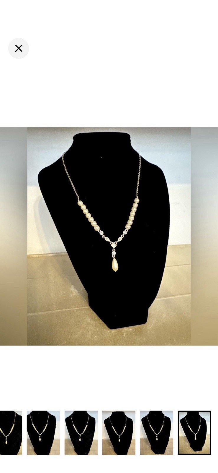 Elegant Vintage Imitation Pearl Teardrop Pendant Necklace w/ Rhinestones