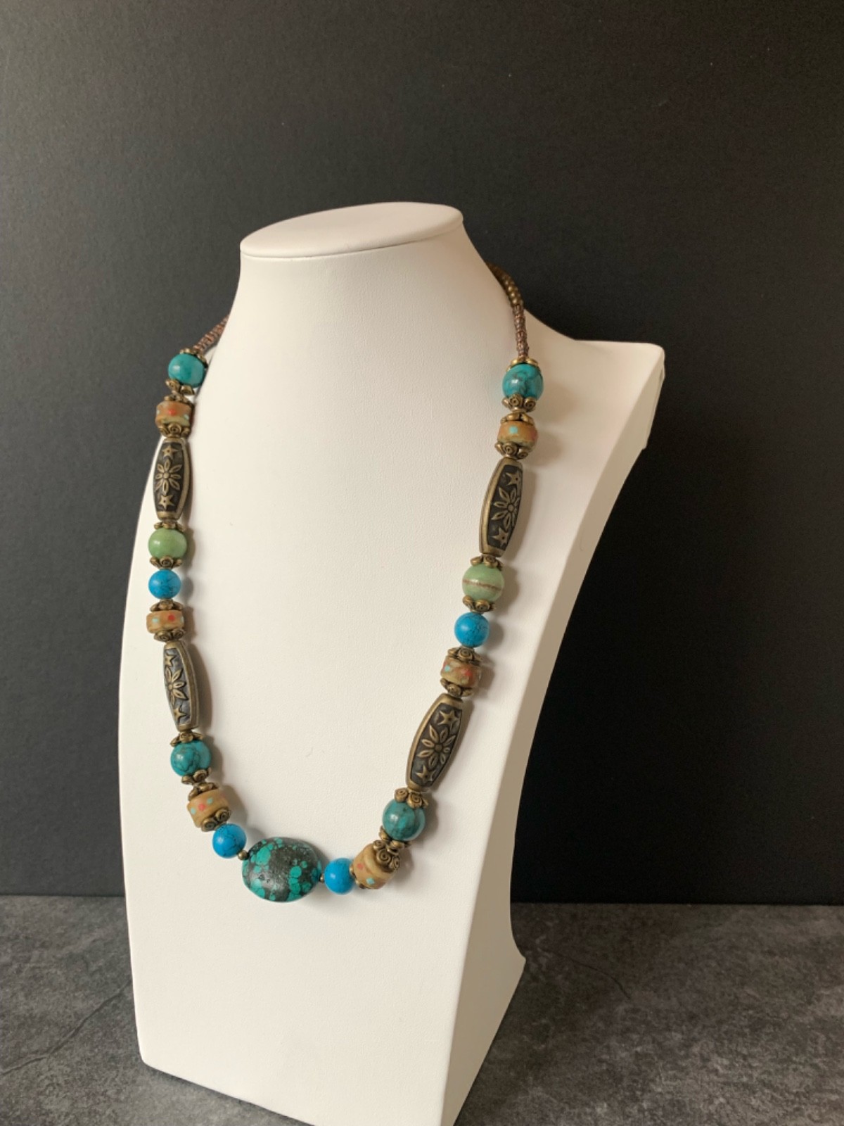 Turquoise Focal Bead, Jade beads, Yak bone inlaid, brass beads lNecklace11