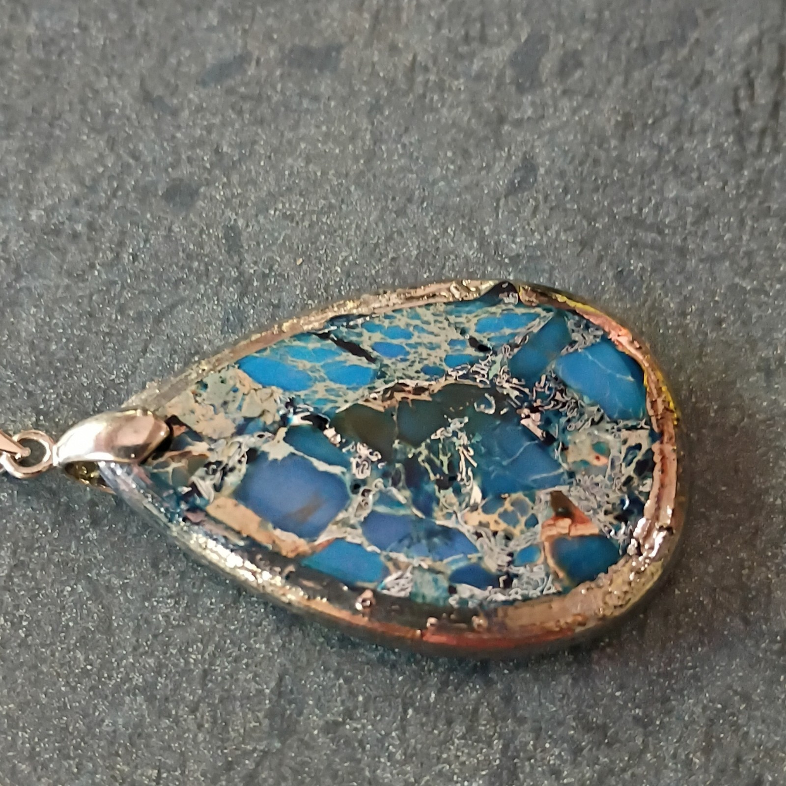 Teardrop Blue Jasper Stone Charm Pendant Silver Tone Bezel Setting w/ Bail