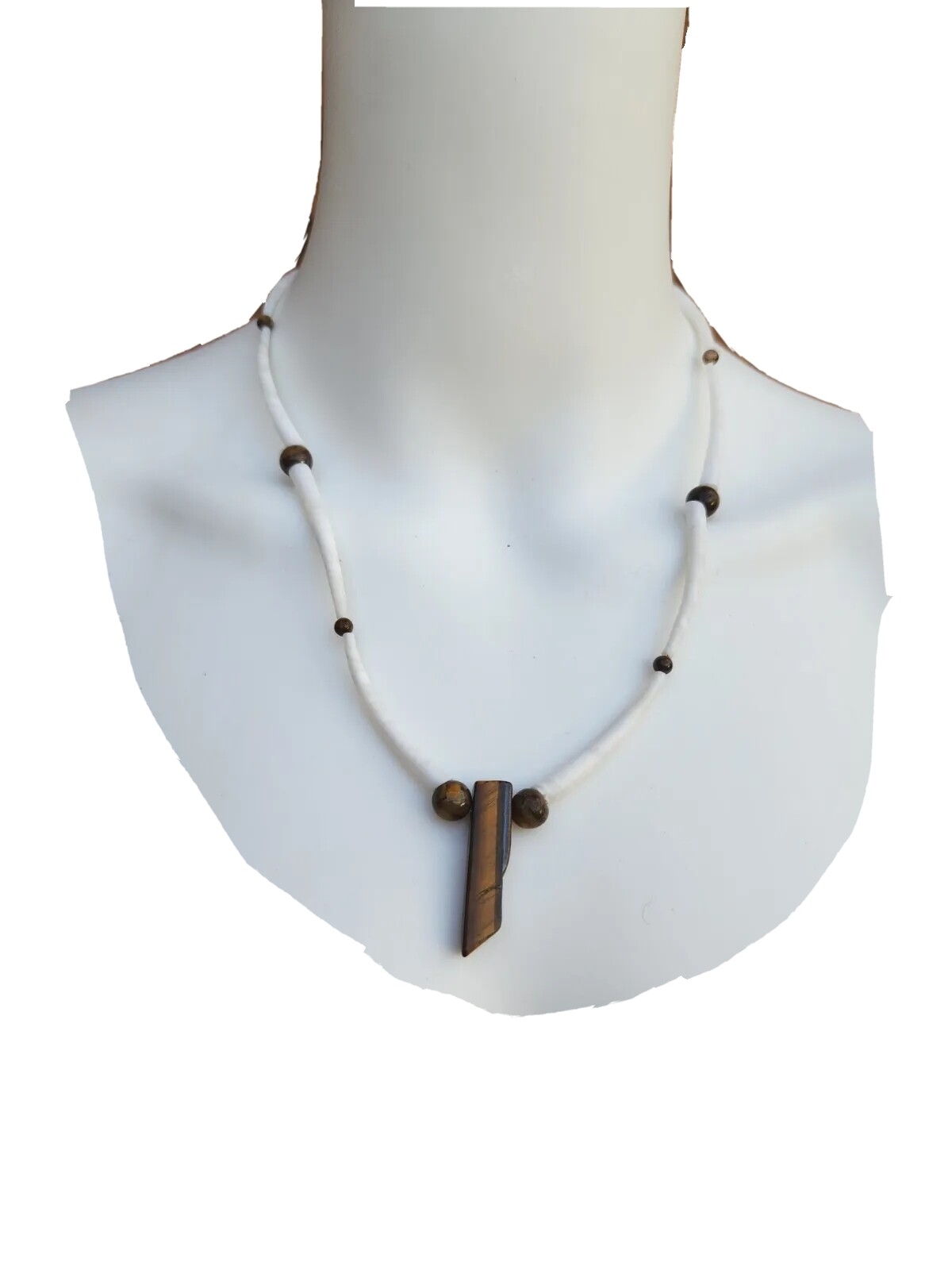 Tiger Eye Amulet Pendant On White Horn Shell Link Unisex Adults Surfers Necklace