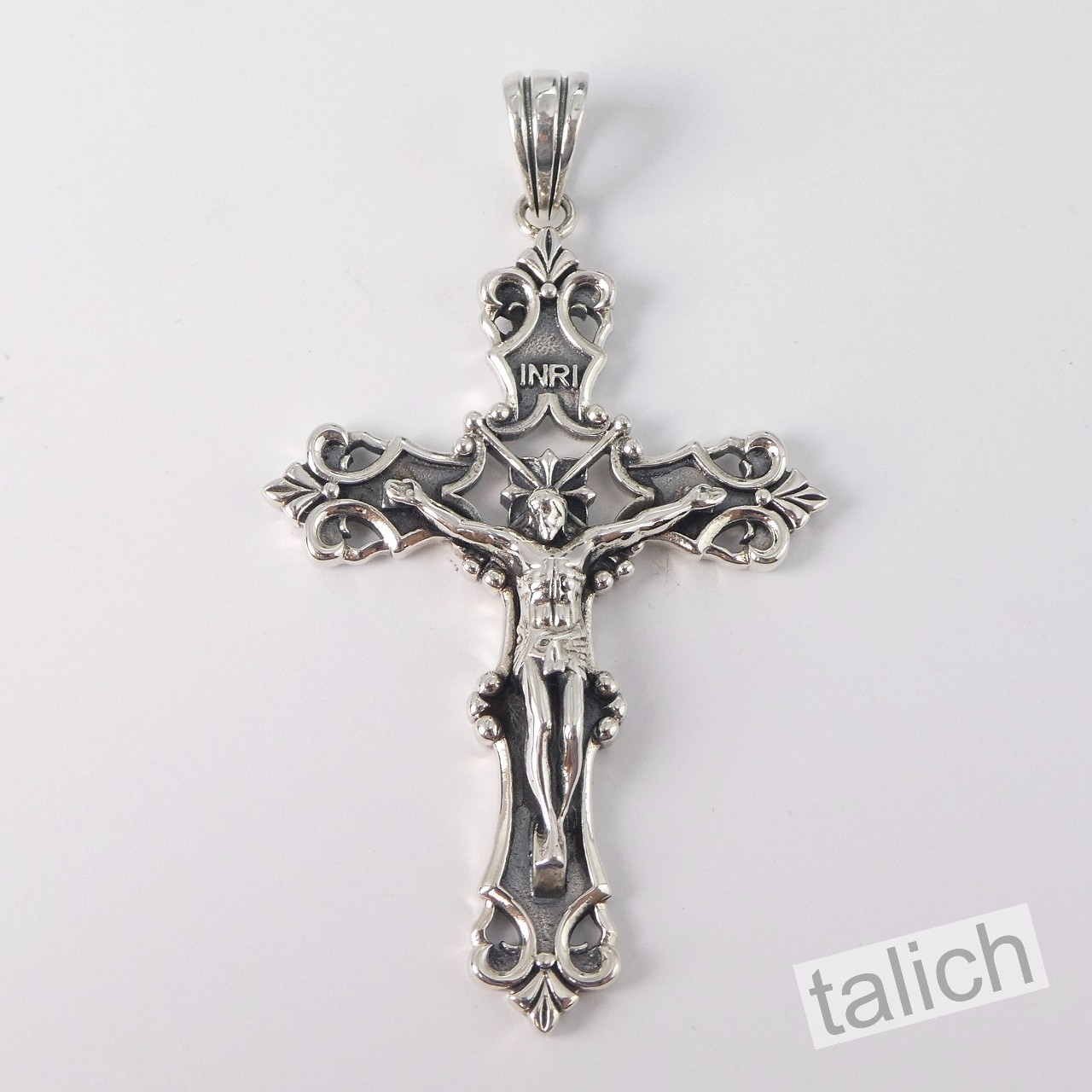 Solid 925 Sterling Silver Ornate Floral Scroll Crucified Jesus Cross Pendant