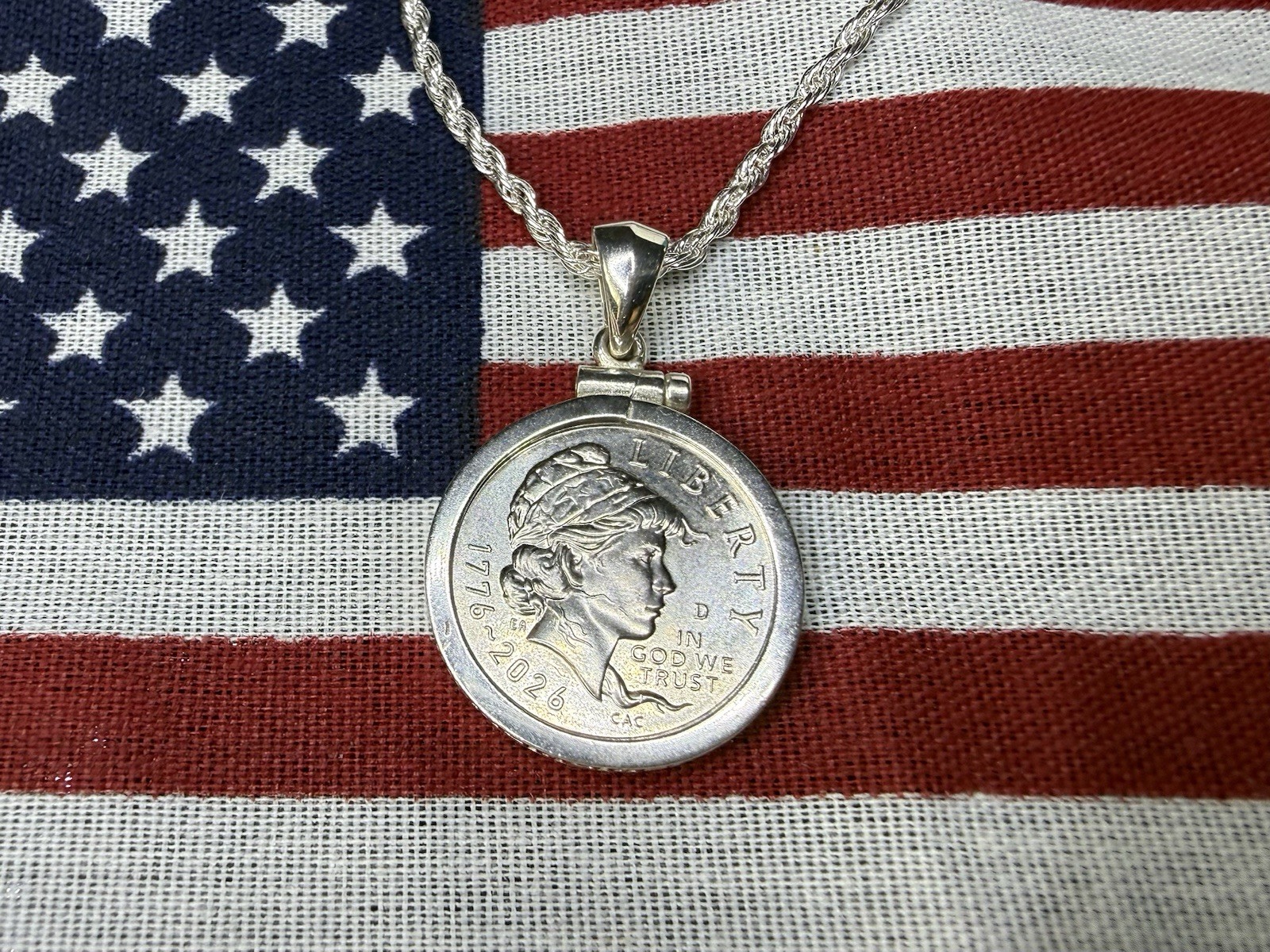 Emerging Liberty Dime Pendant Necklace w/ 925 Sterling Silver Bezel & Chain 18”