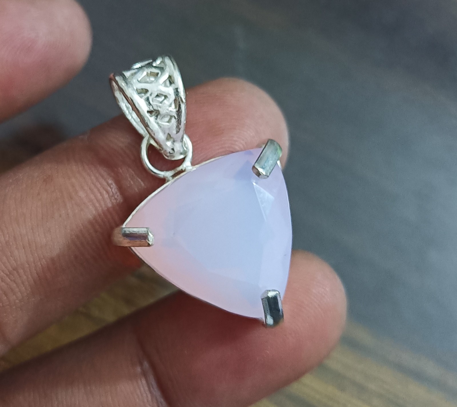 40 Ct Natural Pink Opal Gemstone -Trillion Cut Sterling Sliver Solitaire Pendant
