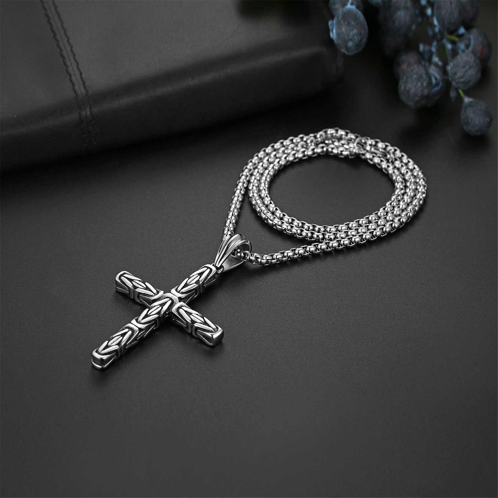 Mens Boys Stainless Steel Vintage Cross Pendant Prayer Necklace Wheat Chain
