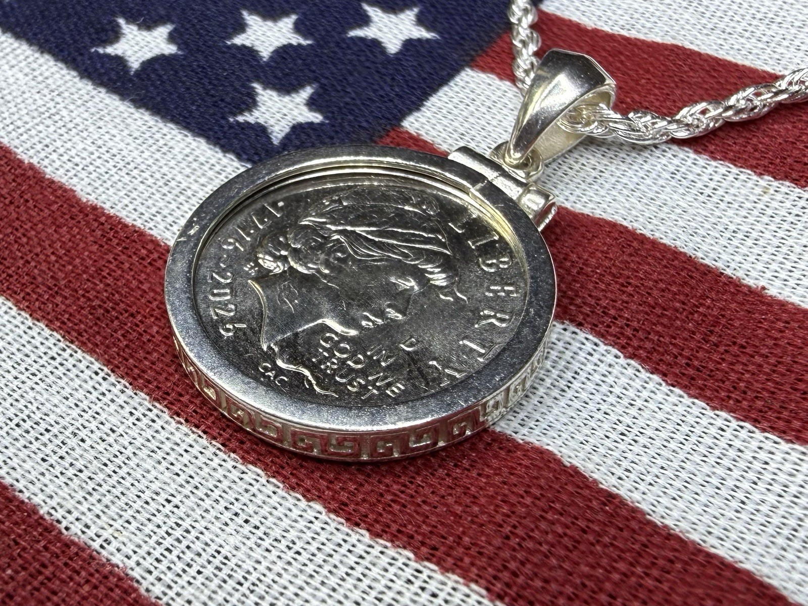 Emerging Liberty Dime Pendant Necklace w/ 925 Sterling Silver Bezel & Chain 18”
