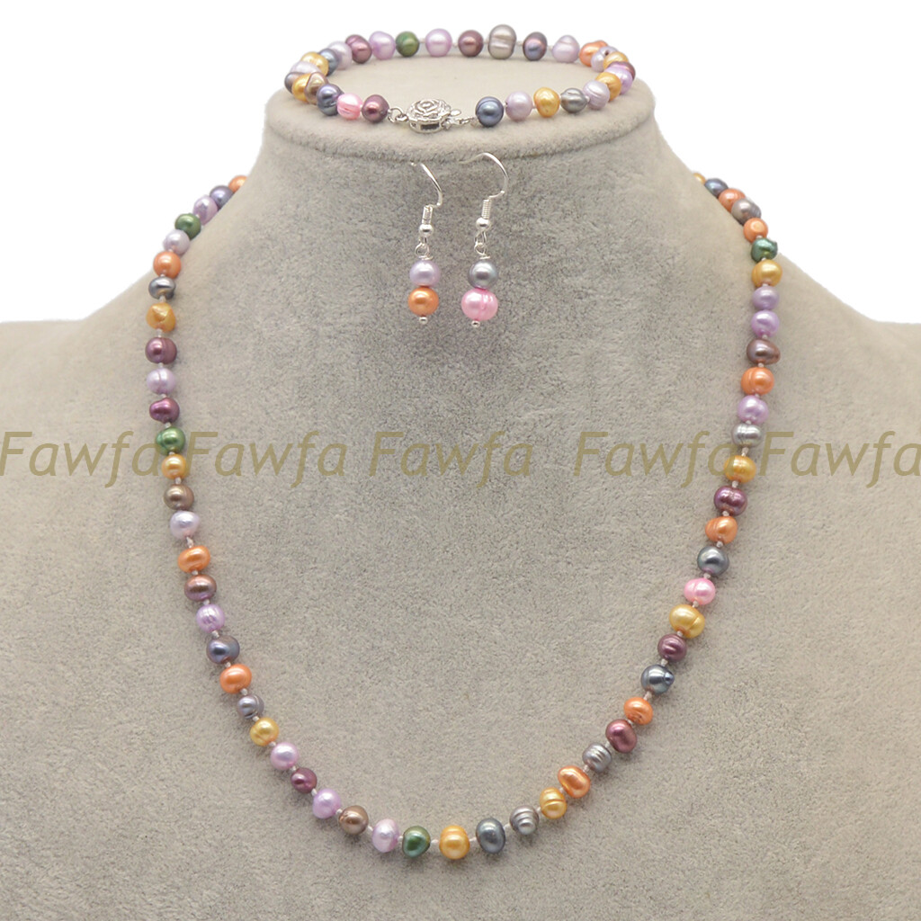 Natural Multicolor 6-7mm Freshwater Pearl Necklace Bracelet Earrings Jewelry Set