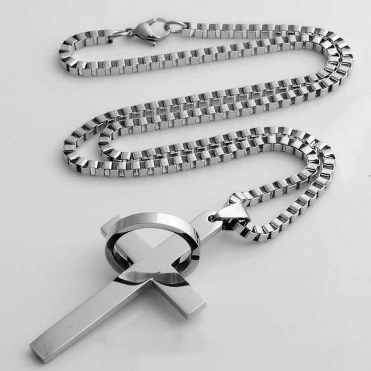 Stainless Steel Silver Jesus Cross Crucifix Hoop Pendant Necklace Mens & Womens