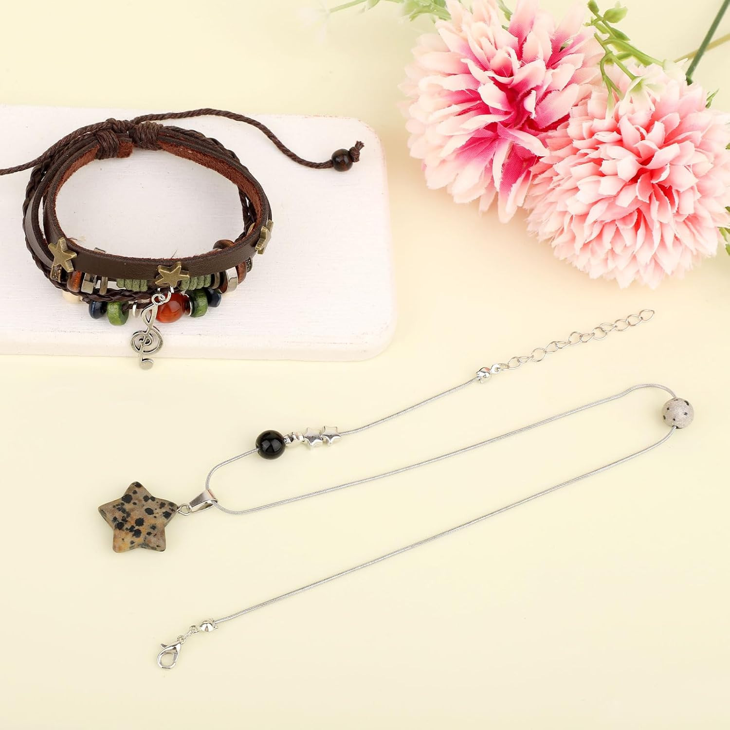Fairy Grunge Necklace & Bracelet Set, Handmade Multilayer Leather Music Braided