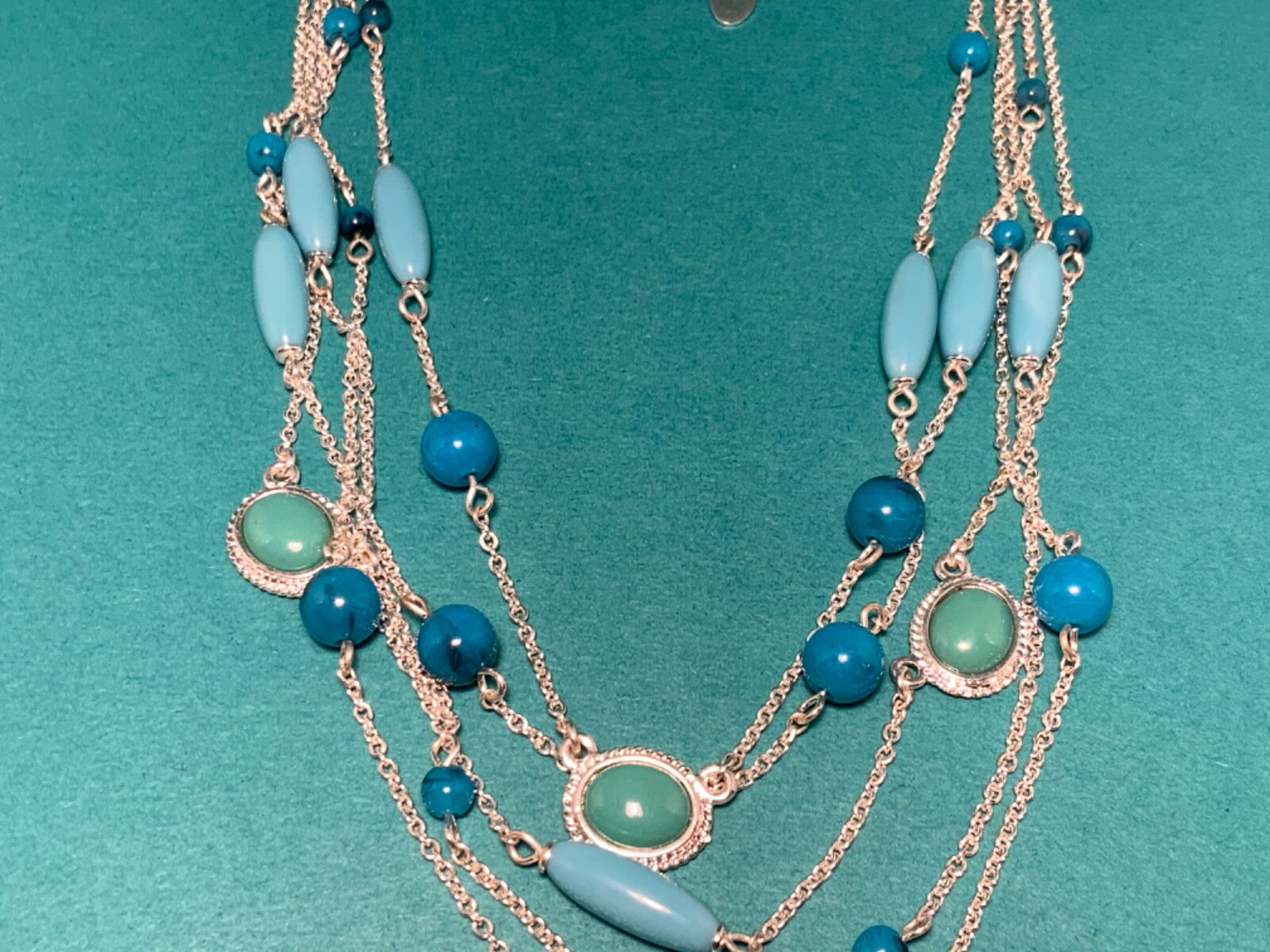 🌸 Ladies Silver 5 Strand Blue/ Blue Green Bead Necklace (N3) NWOT 🌸