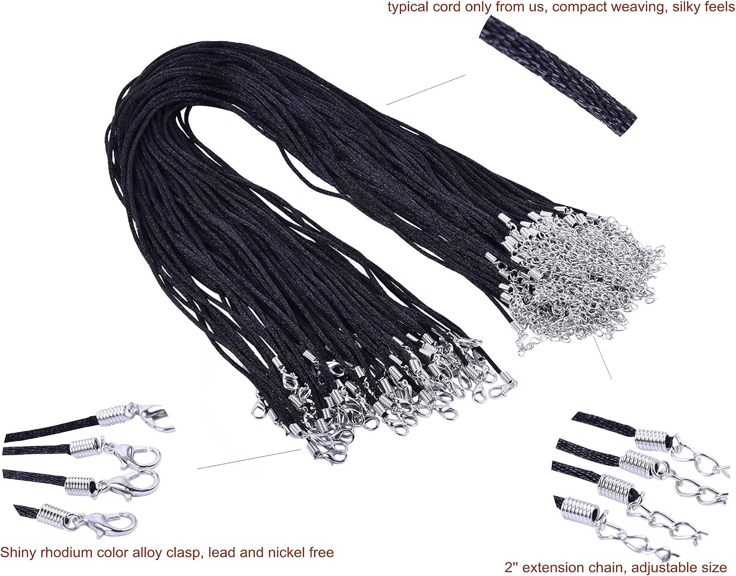 Necklace Cord 50PCS 20” Black Satin Silk Necklace Cord 2.0Mm with Dull Silver M