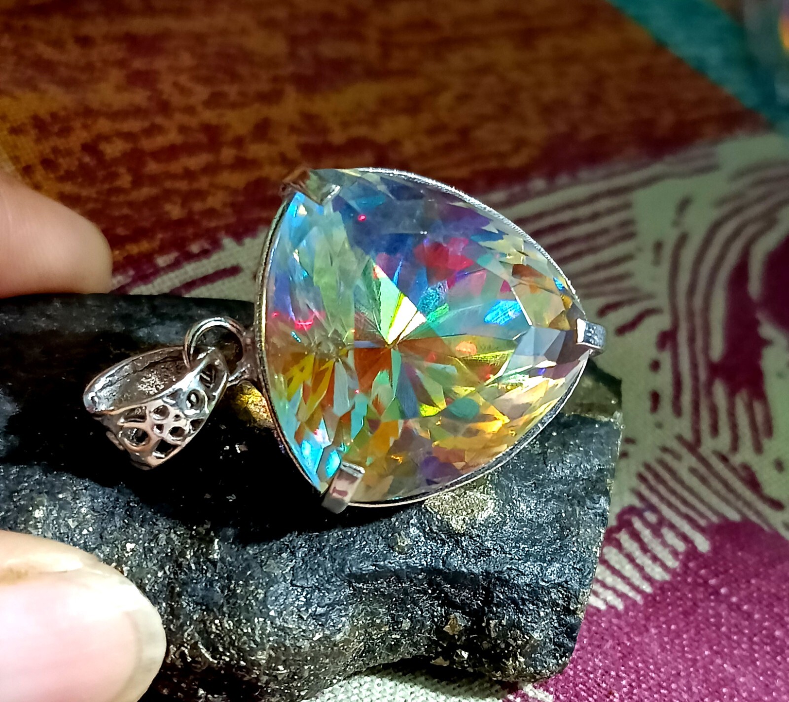 90.60 Ct+ Mystic Topaz Trillion Cut Sterling Silver Rainbow Pendant Gemstone