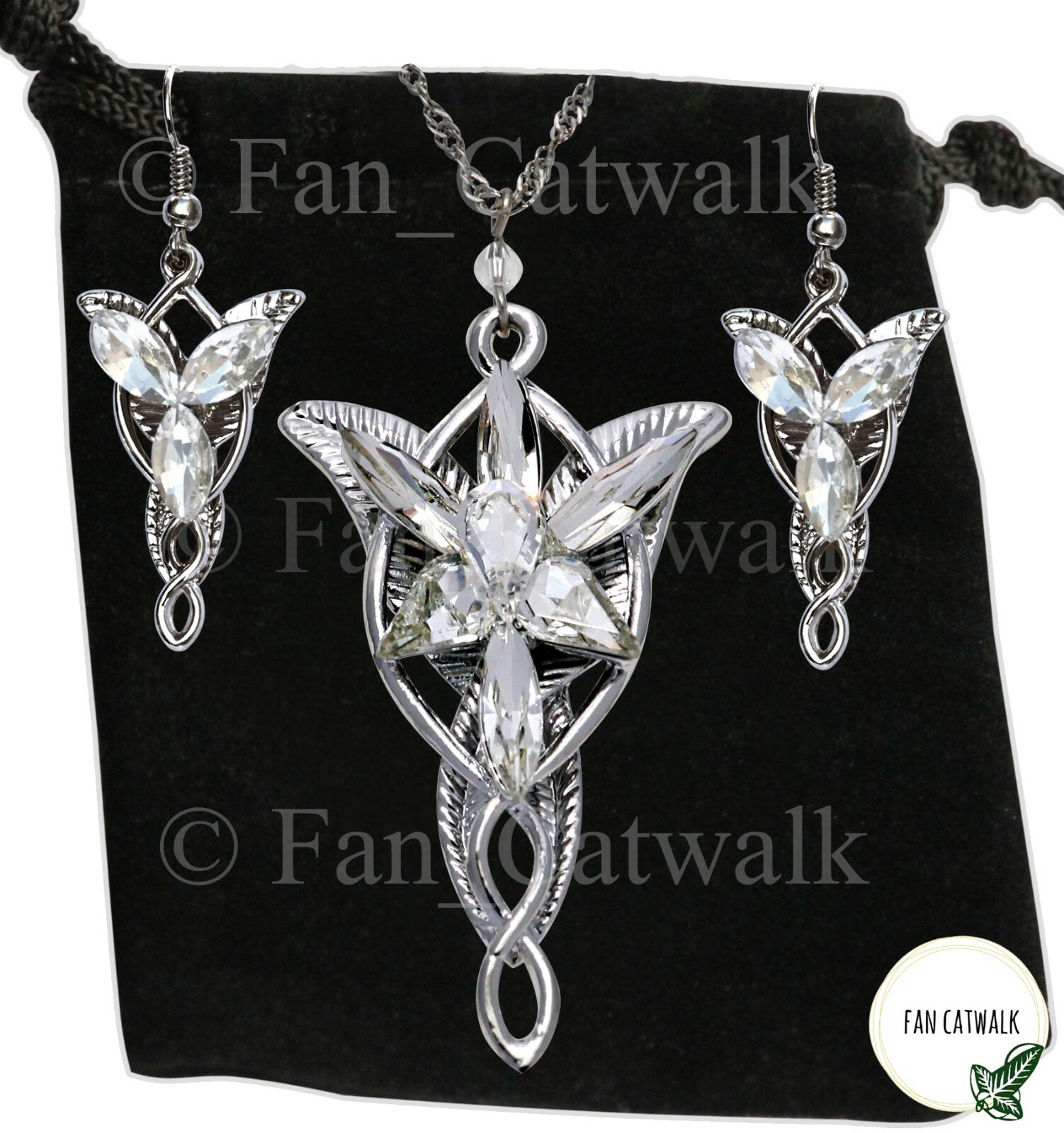 Lord of the Rings Silver EVENSTAR Necklace & Earrings Hobbit LOTR Arwen SET +Bag