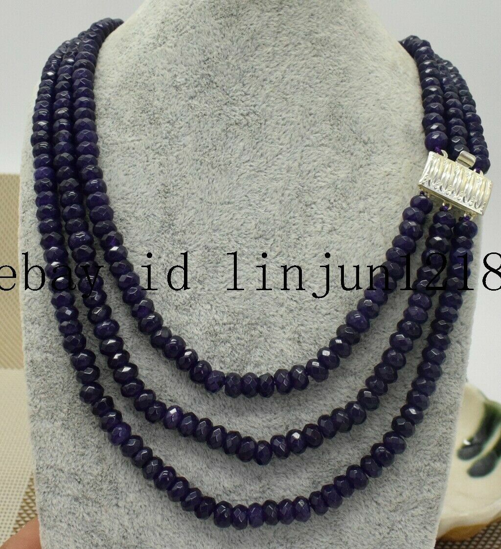 3Row 2x4mmn Faceted Purple Amethyst Rondelle Gemstone Beads Necklace 17-19”