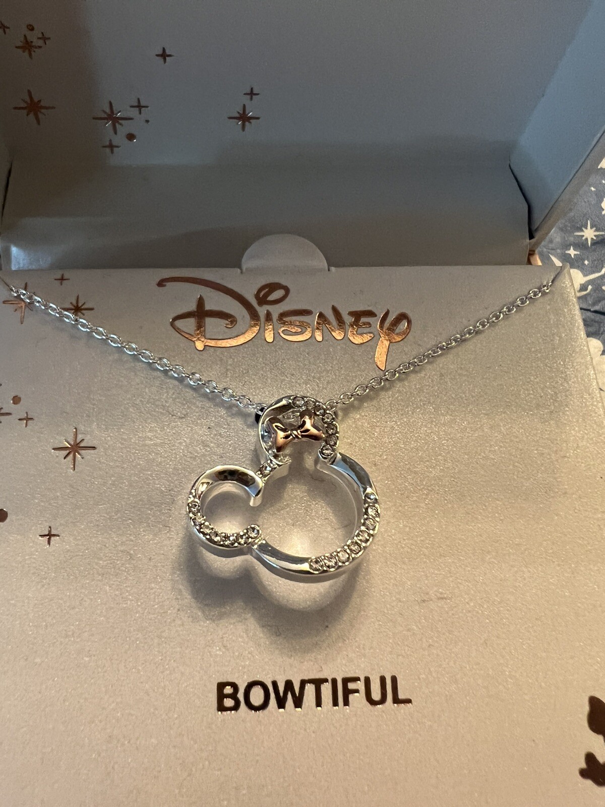 DISNEY MINNIE MOUSE FINE SILVER PLATED CRYSTAL RHINESTONE NECKLACE I LOVE MICKEY