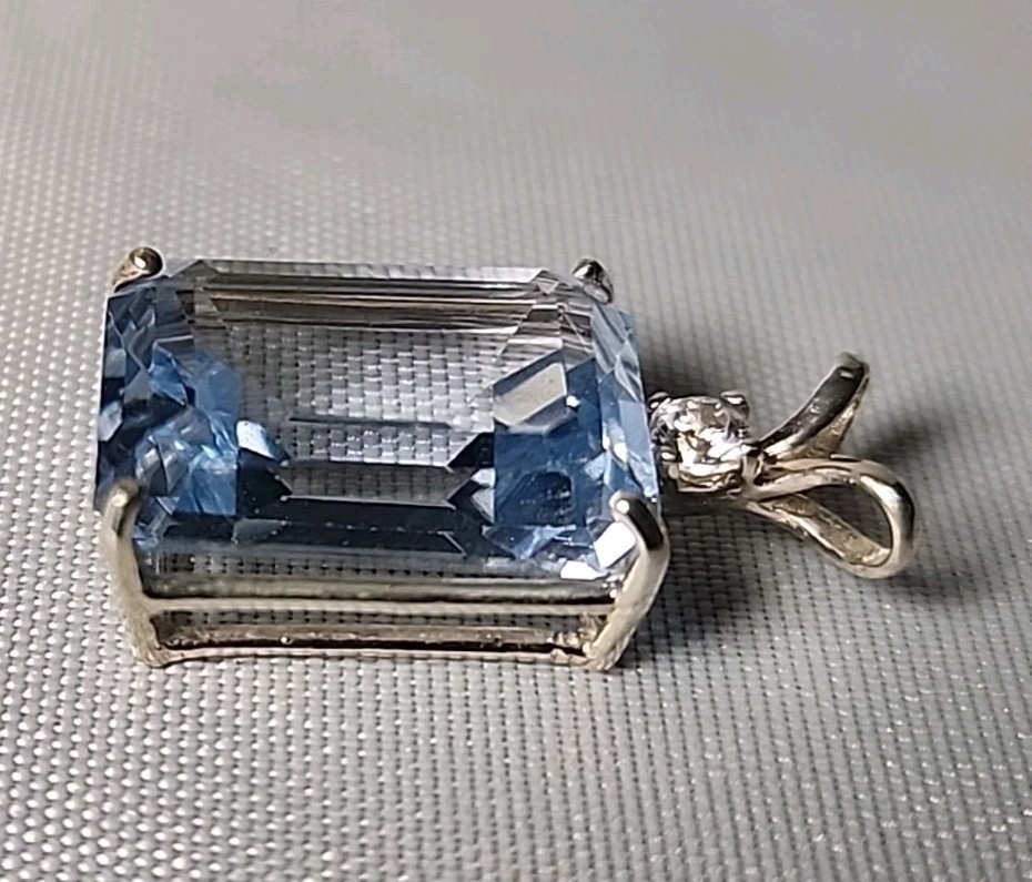Stering Silver & Emerald Cut Simulated Aquamarine & Diamond CZ Pendant 3.7 grams