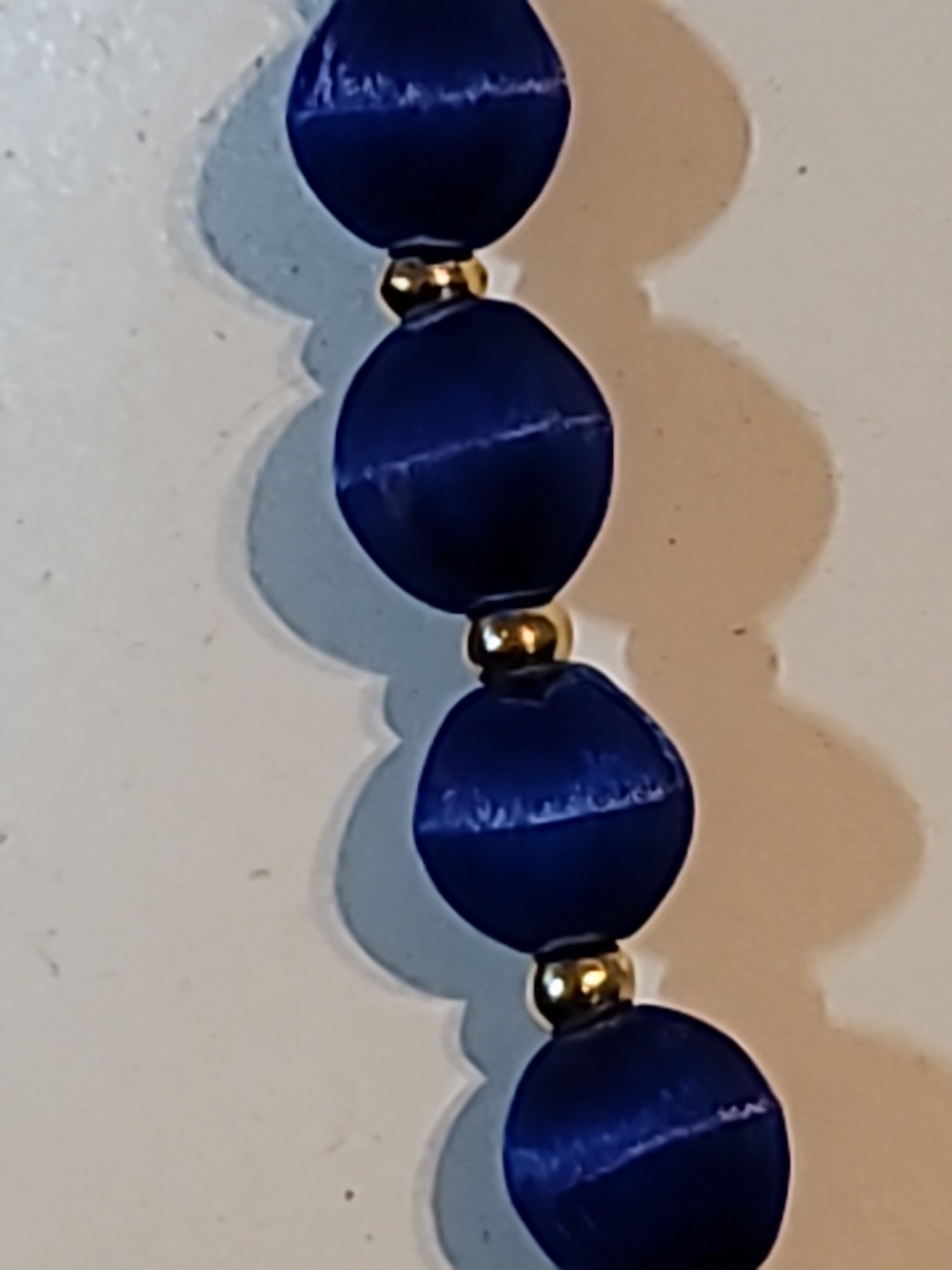 Royal Blue Silk Satin Thread Beaded Necklace Gold w/ Toned Beads