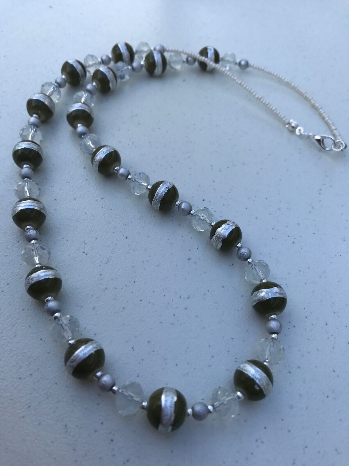 Handmade Necklace of Round Olive Green and Silver Glass Beads with Clear Glass