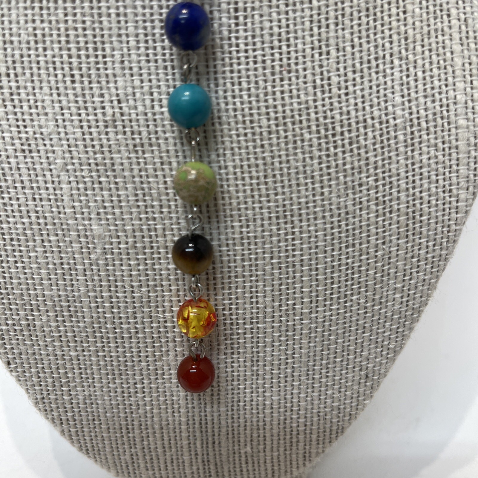 Natural Chakra Bead 7 Gem Stone Drop Necklace Adjustable 17-20” Silvertone.