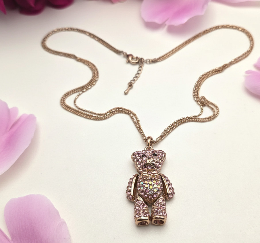 Rose Gold Tone Teddy Bear Pendant Necklace Pink AB Rhinestones 20 in Adj.