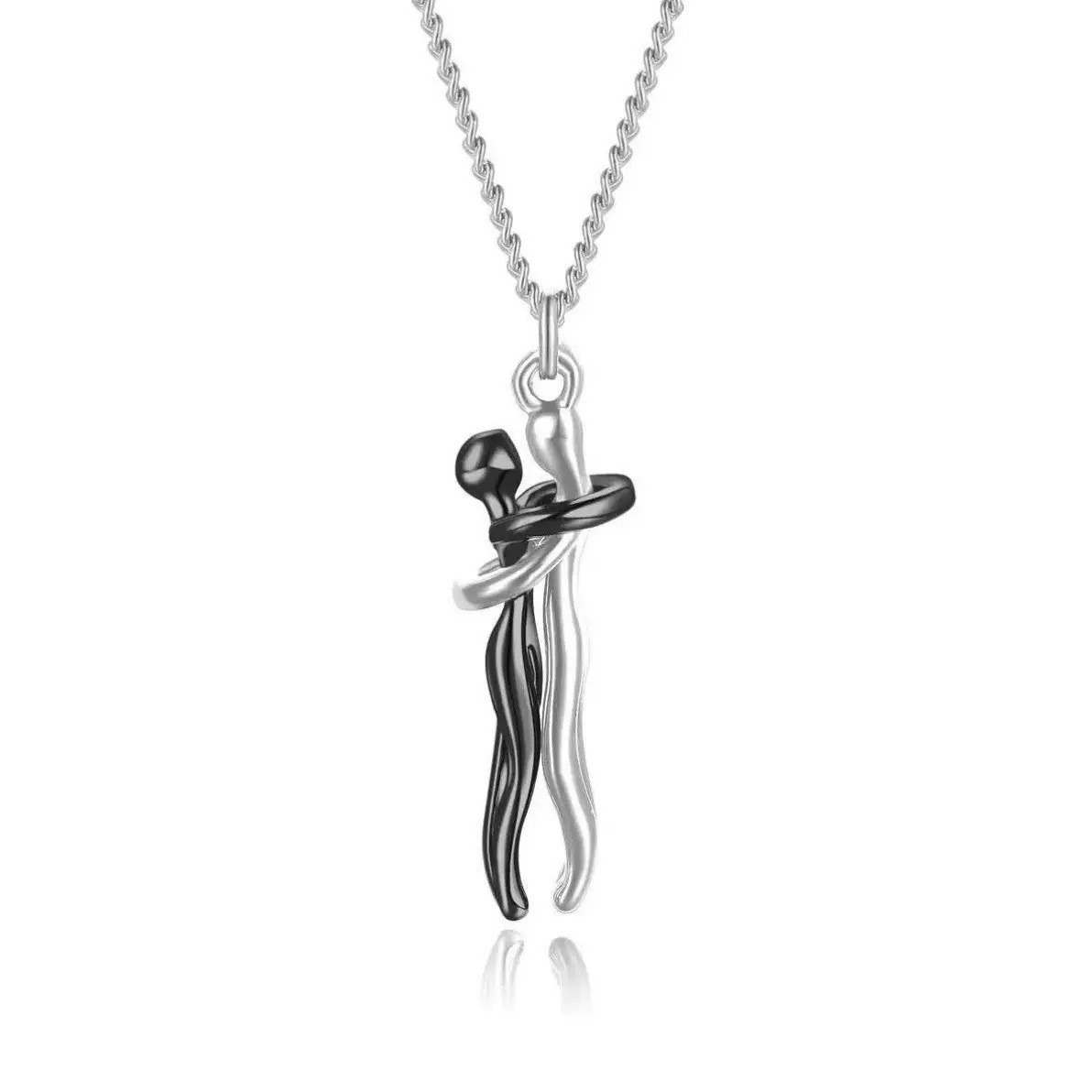 925 Sterling Silver Hugging Couple Pendant Necklace Two Tone Romantic Gift