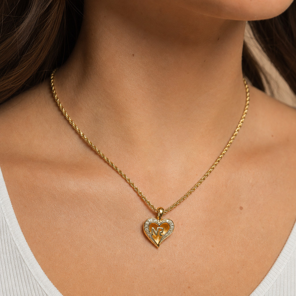 Gold Tone Metal Clear Colorless Stones Heart Pendant Necklace 14.75″ – 16.75″