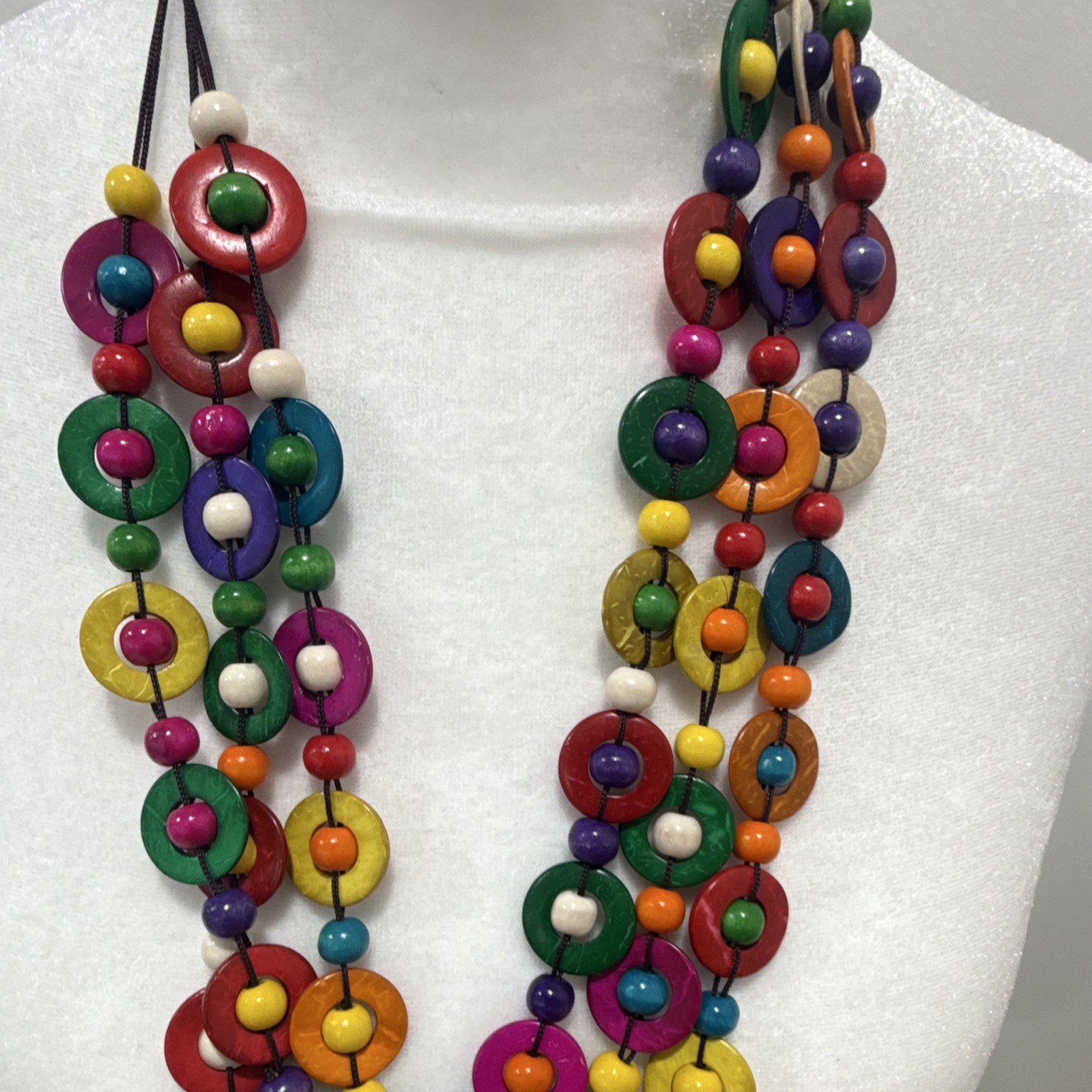 Multicolor Wood Beaded Statement Necklace Donut Pendant Cord Adjustable Slip