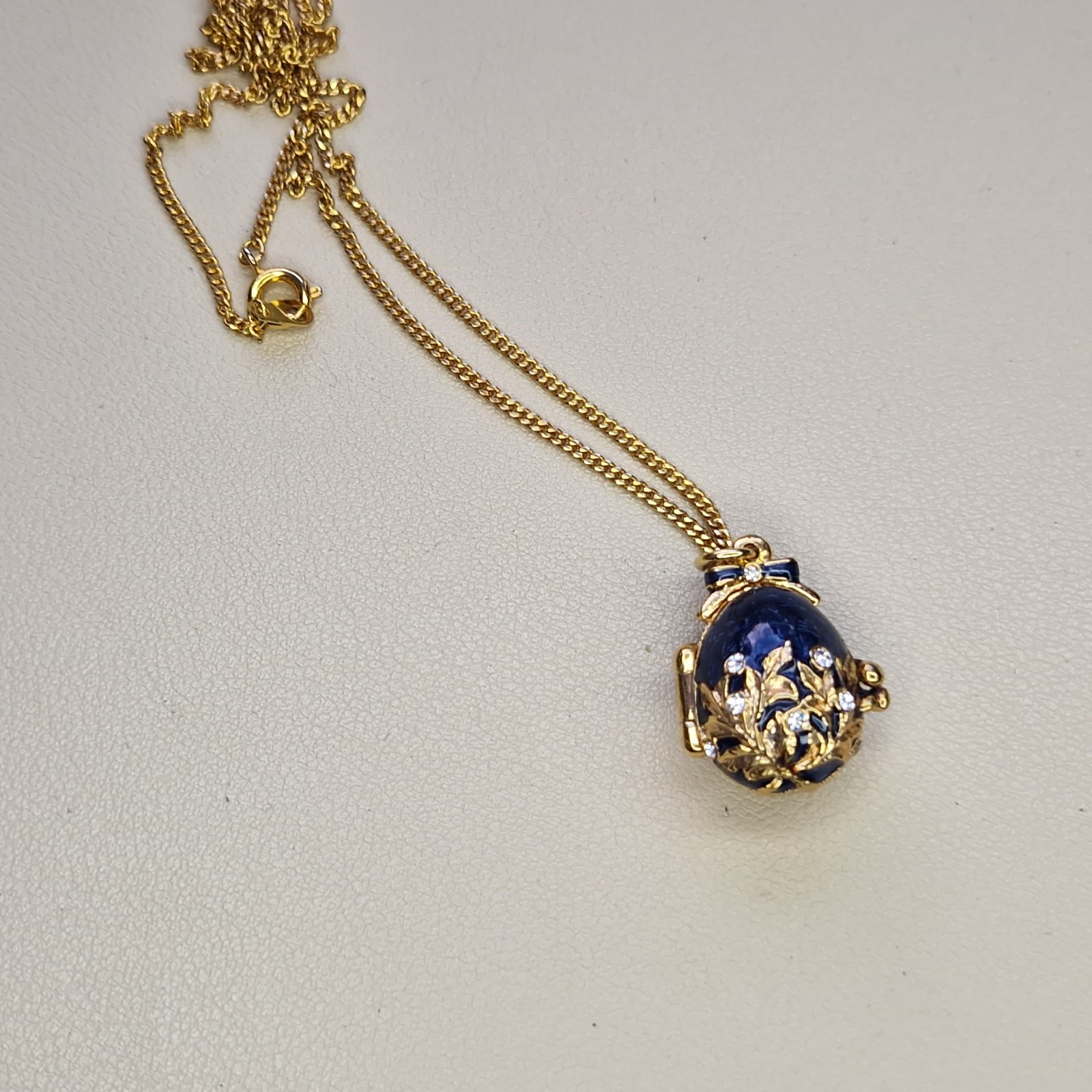 Enamel Easter Egg Locket Necklace Dangly Hidden Charm Sphix Jeweled Louvre 46cm