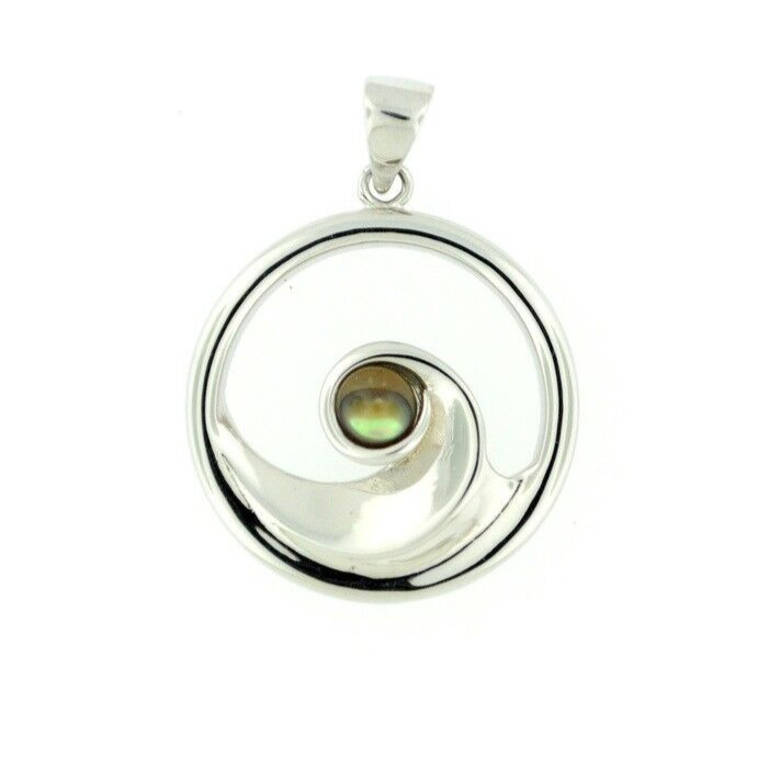 Solid 925 Sterling Silver Natural Abalone Puau Shell Women’s Round Wave Pendant