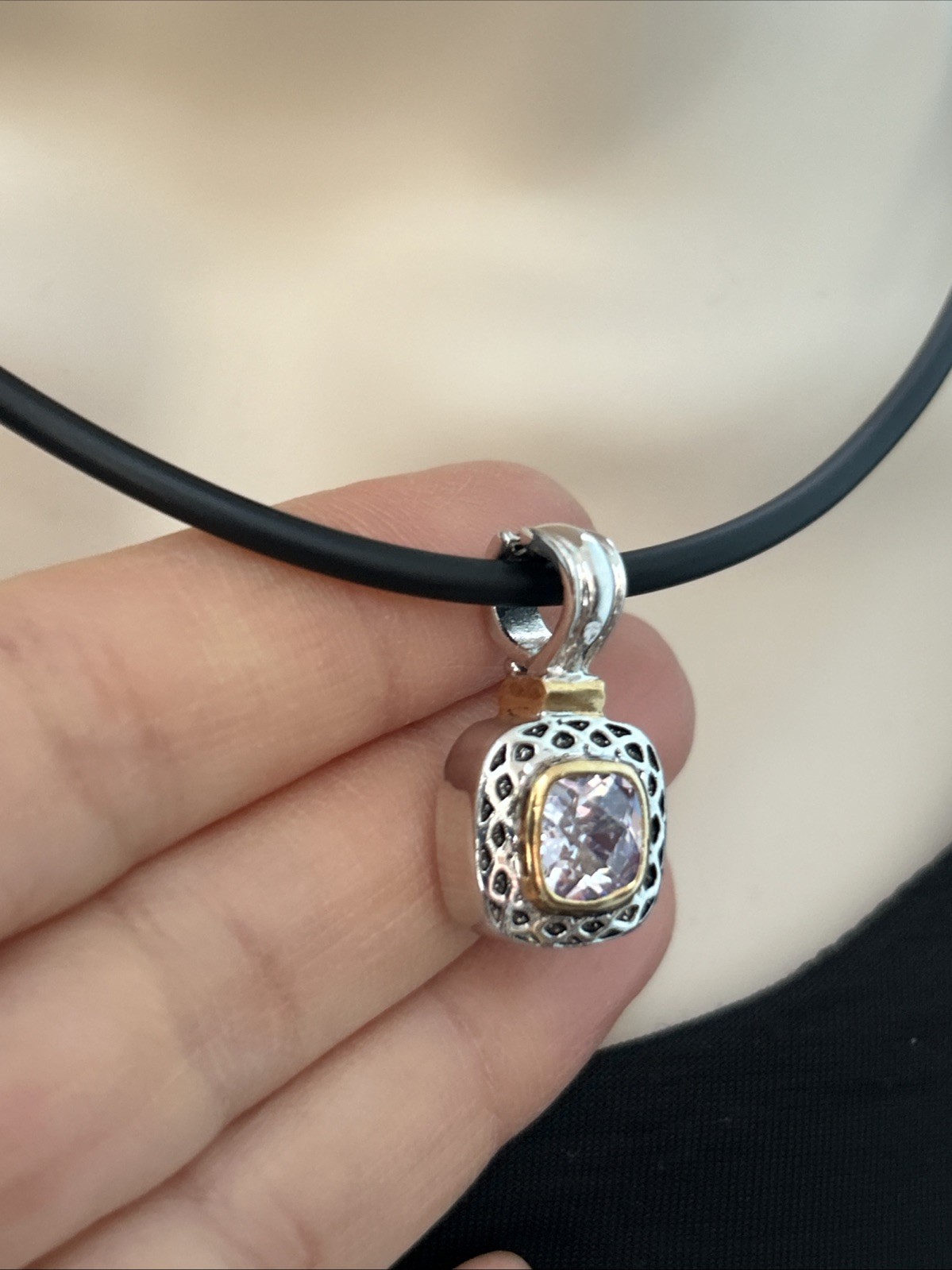 Gold And Silver Tone Square Pink Lab Diamond Pendant Necklace On Black Cord 16”