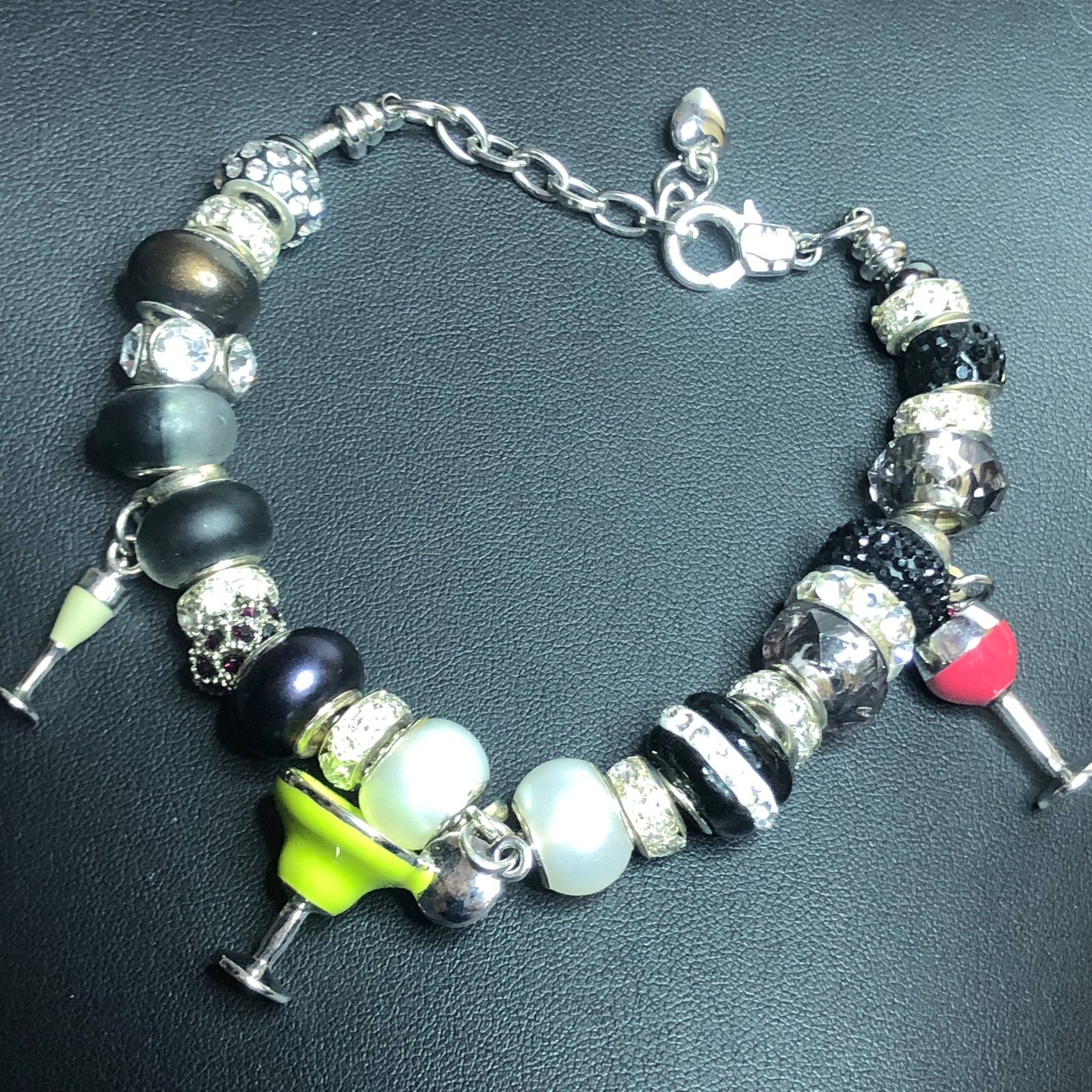 5145 Silvertone slide Charm bracelet Margarita, wine, champange flute 8.5-9″