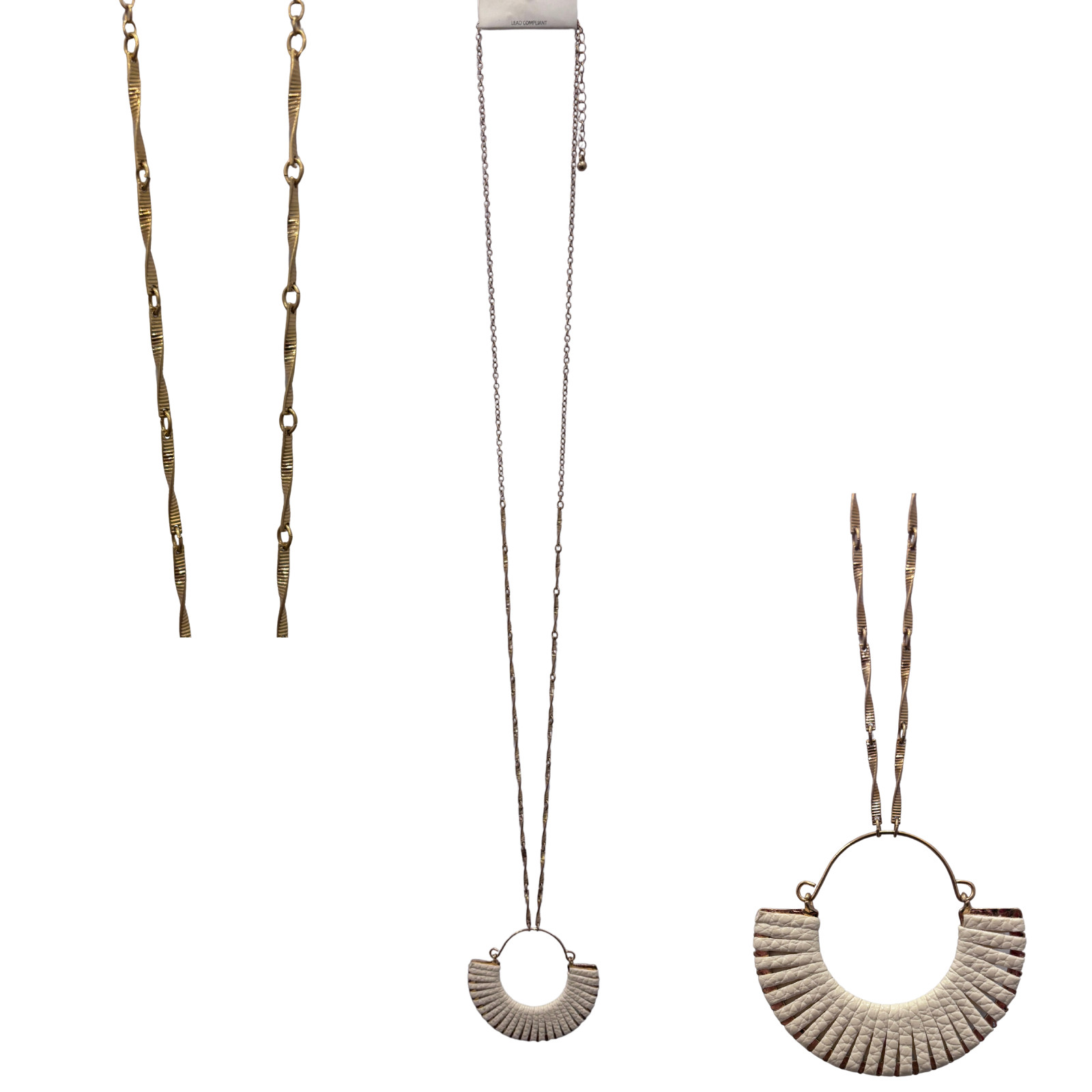 Gold Tone Chain Necklace White Faux Leather Fan Half Moon Pendant Boho NWT