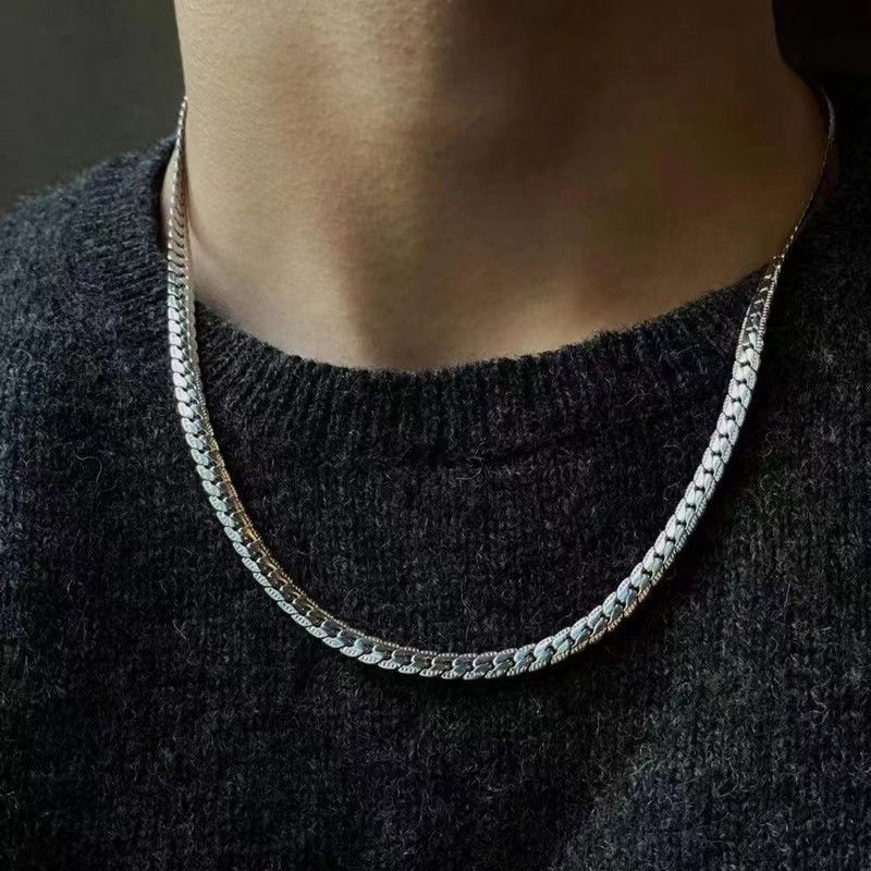 Stainless Steel Cuban Link Chain Necklace Silver Plated 50/55/60cm Men Jewelry