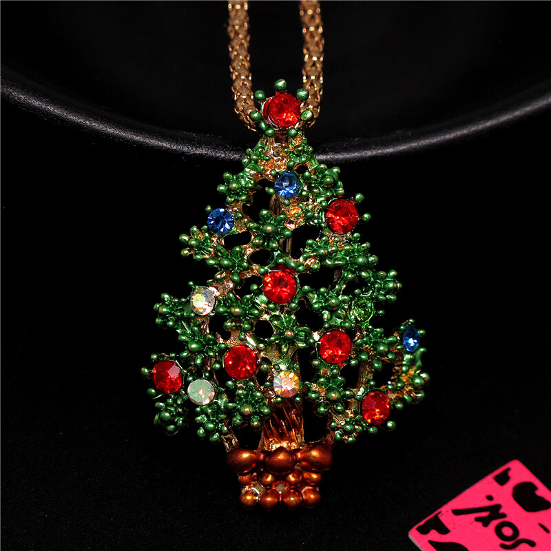 Colorful Crystal Green Enamel Christmas Tree Fashion Women Chain Necklace Gifts