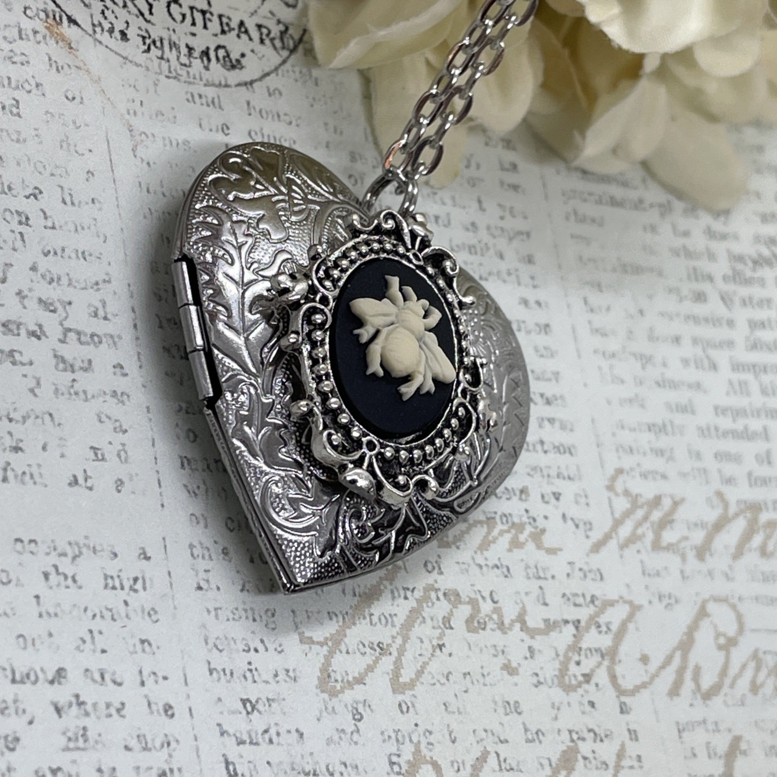 Heart Silver Locket Bee Honey Bumble Cameo Necklace Photo Bride bridal wedding
