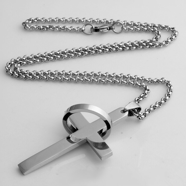Stainless Steel Silver Jesus Cross Crucifix Hoop Pendant Necklace Mens & Womens