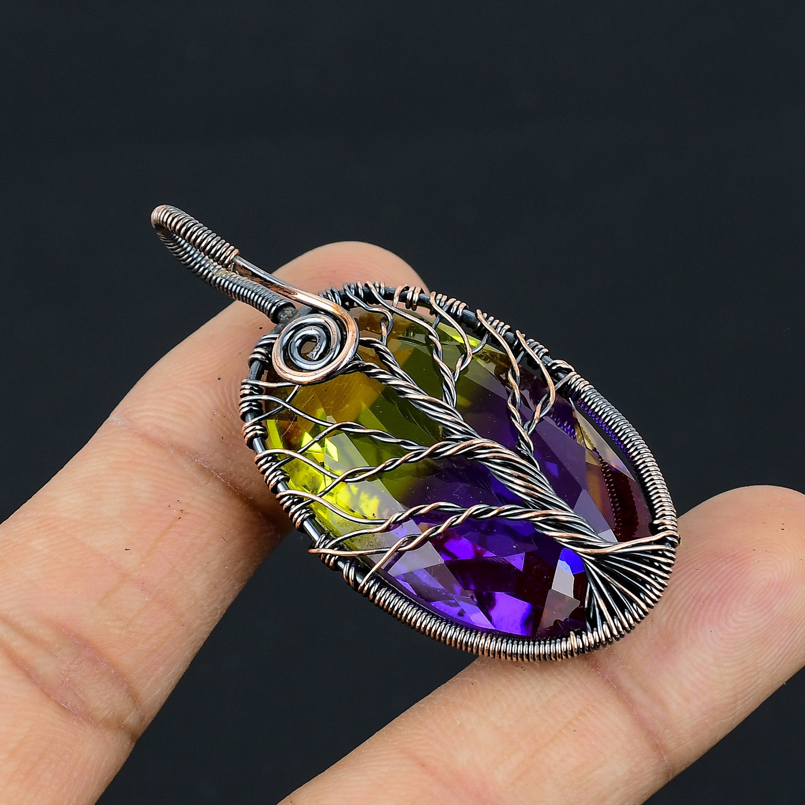 Bi Color Tourmaline Gemstone Copper Wire Wrap Jewely Pendant 2.2″ D797