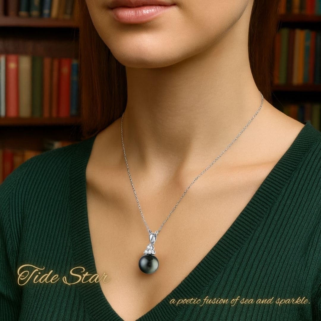 Sterling Silver Black Pearl Pendant Necklace with Moissanite, Elegant Jewelry…